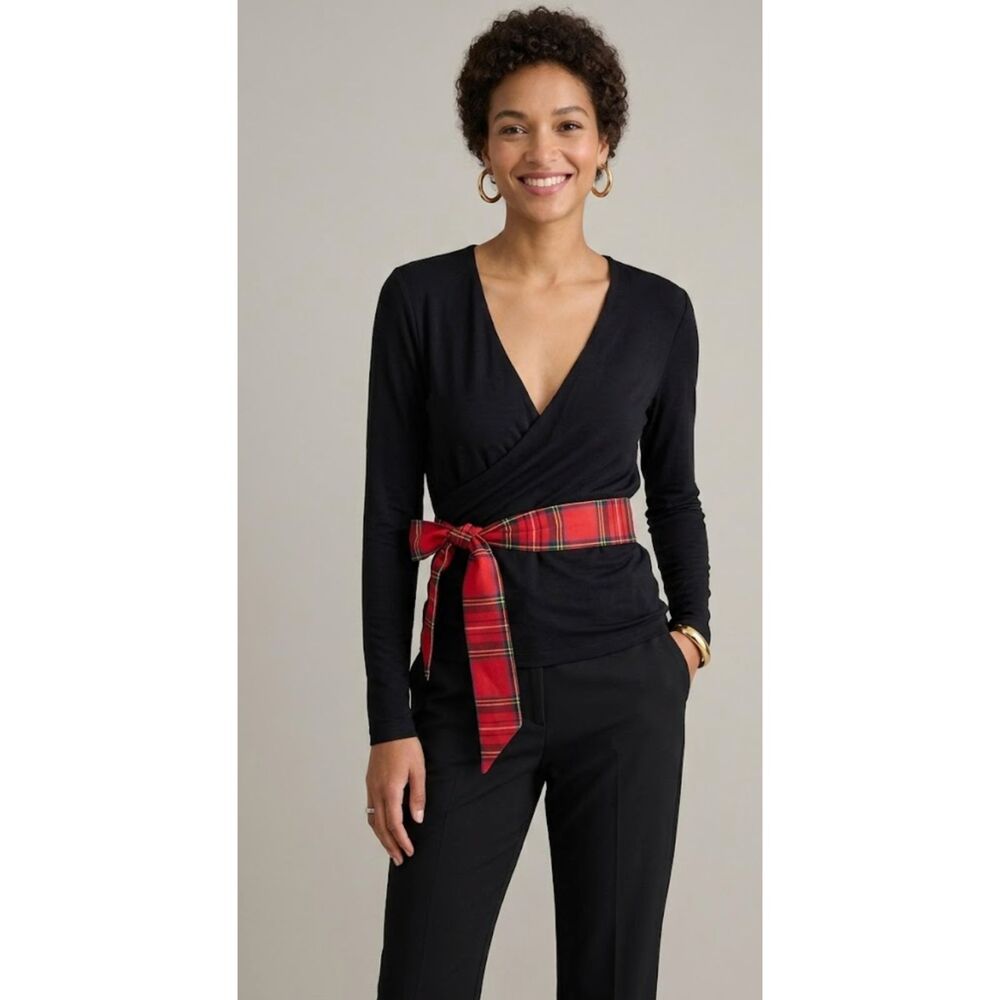 New J. Crew FormKnit Long Sleeve Plaid Tie Wrap Top Women's Size XL